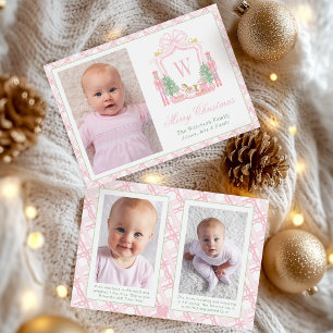 Watercolor Pink Nutcracker Monogram Crest Photo Holiday Card