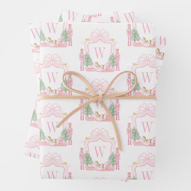 Watercolor Pink Nutcracker Monogram Crest Wrapping Paper Sheets (In situ)