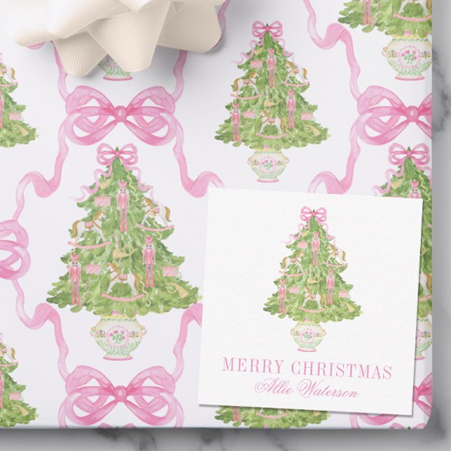 Watercolor Pink Nutcracker Tree Christmas Note Card (Creator Uploaded)