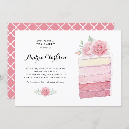 Watercolor Pink Ombre Cake Slice Bridal Tea Party Invitation