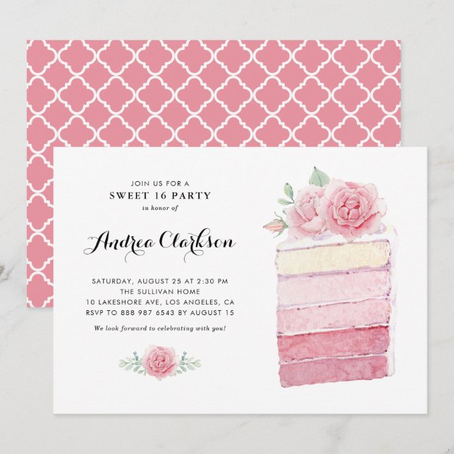 Watercolor Pink Ombre Cake Slice Sweet 16 Party Invitation (Front/Back)