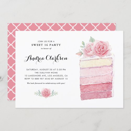 Watercolor Pink Ombre Cake Slice Sweet 16 Party Invitation