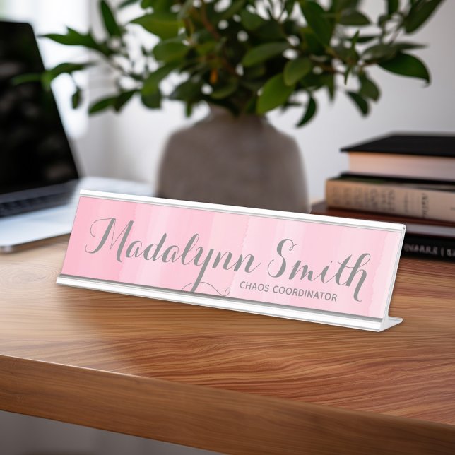 Watercolor Pink Ombre Feminine Monogram Name Desk Name Plate (Personalized Desk Sign with Name and Title - Custom Executive Name Plate)