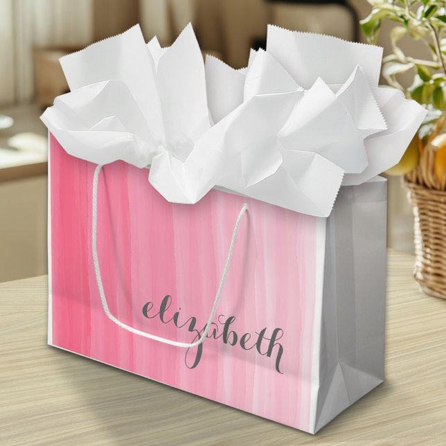 Watercolor Pink Ombre Feminine Monogram Name Large Gift Bag (Custom Personalized Gift Bag)