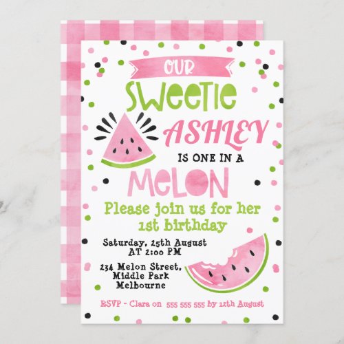 Watercolor Pink One In A Melon Birthday Invitation