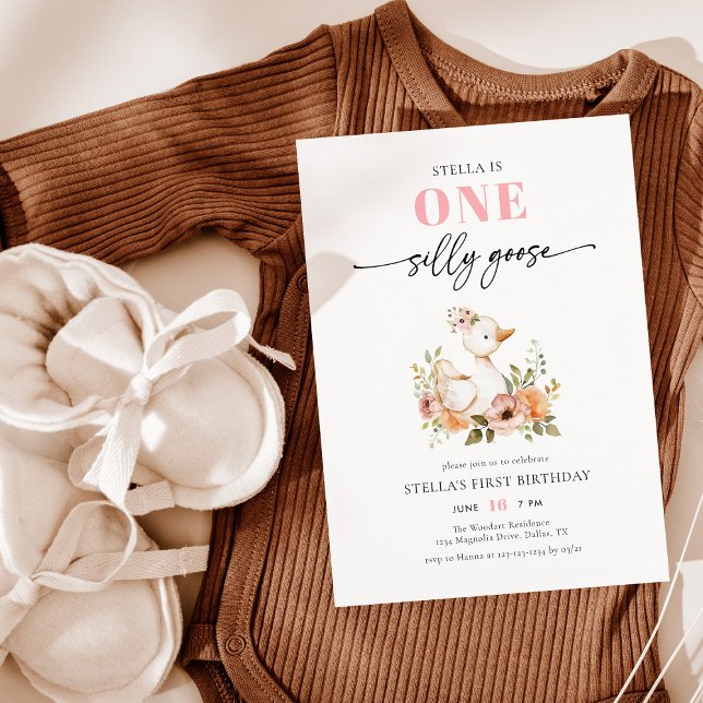 Watercolor Pink One Silly Goose Birthday Party Invitation (Creator Uploaded)