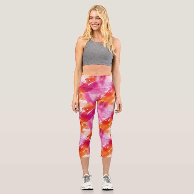 Watercolor Pink Orange Abstract Capri Leggings (Front)