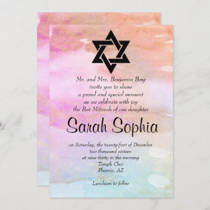 Watercolor Pink Orange Blue Gold Girl Bat Mitzvah Invitation