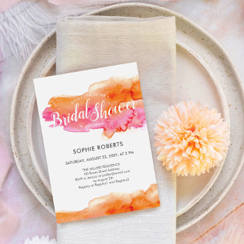 Watercolor Pink Orange Color Splash Bridal Shower Invitation by pinkpinetree at Zazzle