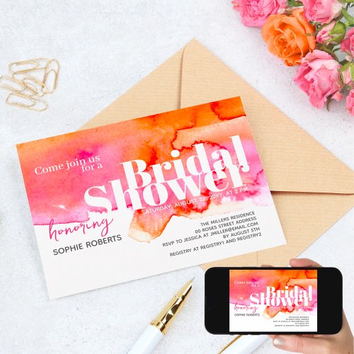Watercolor Pink Orange Color Splash Bridal Shower Invitation