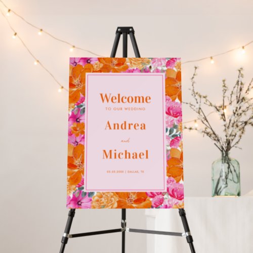 Watercolor Pink Orange Floral Wedding Welcome Sign