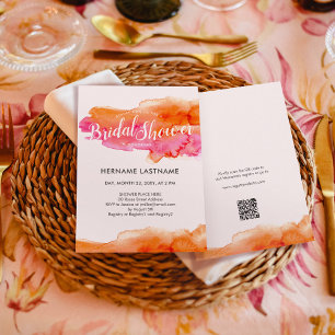 Watercolor Pink Orange QR Code Bridal Shower Invitation