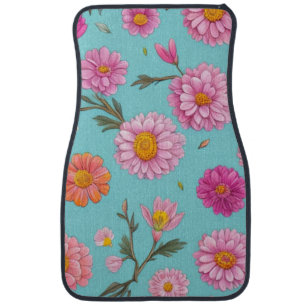 Watercolor pink orange white flowers leaves teal car floor mat