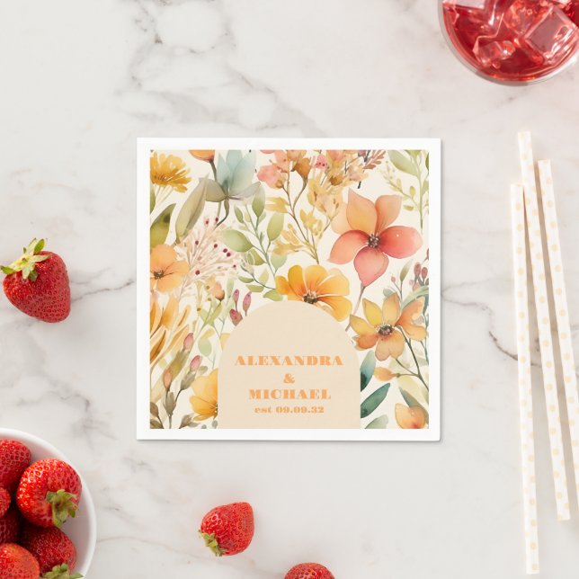 Watercolor Pink Orange Wildflowers Wedding Napkins (Insitu)