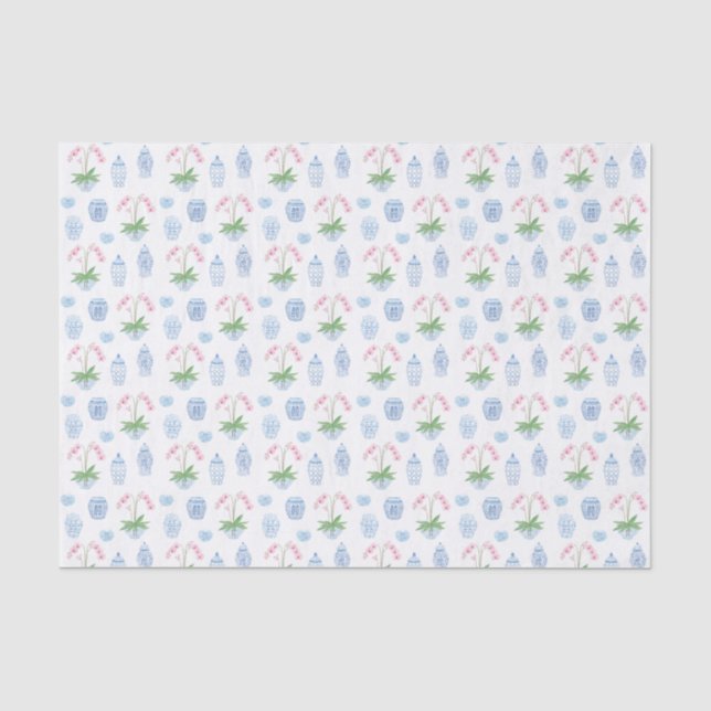 Watercolor Pink Orchid Blue And White Ginger Jars  Tissue Paper (Front)