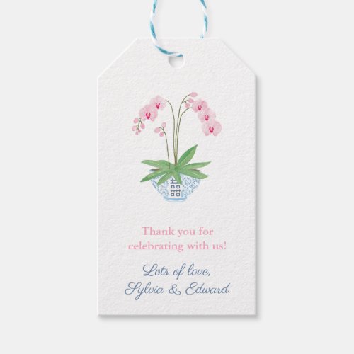 Watercolor Pink Orchid Blue White Bowl Baby Shower Gift Tags