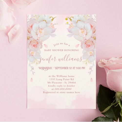Watercolor Pink Orchid Floral Girl Baby Shower Invitation