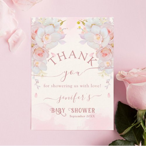 Watercolor Pink Orchid Floral Girl Baby Shower Thank You Card