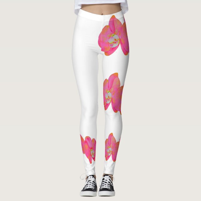 Watercolor pink orchid painting leggings (Front)
