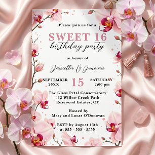 Watercolor Pink Orchid Sweet 16 Birthday Party Invitation