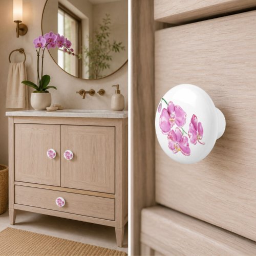 Watercolor Pink Orchids Ceramic Knob