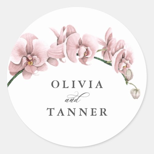 Watercolor Pink Orchids Tropical Paradise Wedding Classic Round Sticker