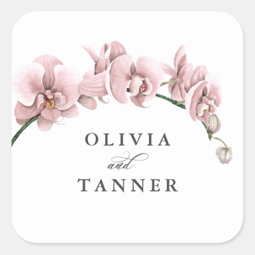 Watercolor Pink Orchids Tropical Paradise Wedding Square Sticker