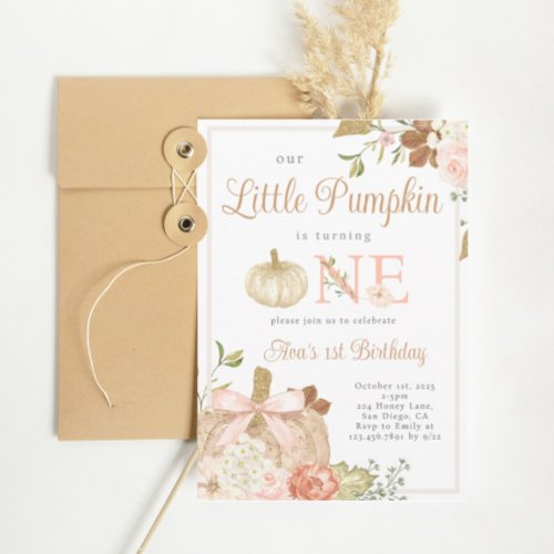 Watercolor Pink Our Little Pumpkin Birthday Invitation