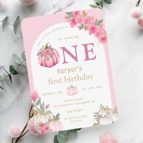 Watercolor Pink Our Little Pumpkin Floral Birthday Invitation