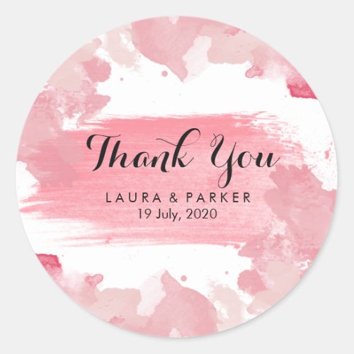 Watercolor Pink Painted Thank You Wedding Artist Classic Round Sticker
