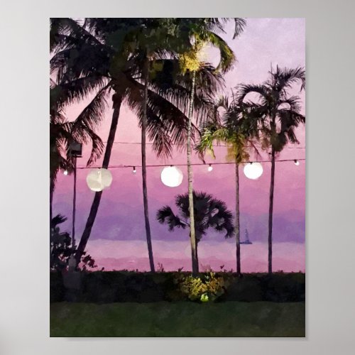 Watercolor Pink Palm Tropical Beach Sunset Poster