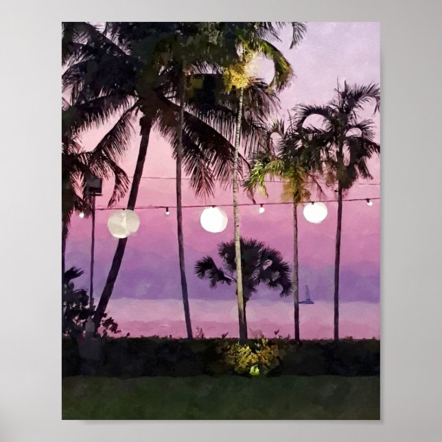 Watercolor Pink Palm Tropical Beach Sunset Poster (Front)