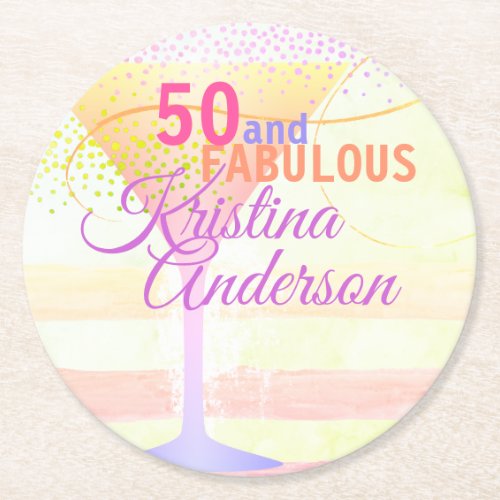 Watercolor Pink Pastel Stripe 50 Fabulous Birthday Round Paper Coaster