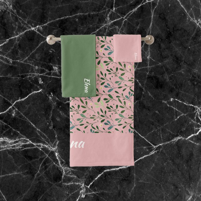Watercolor pink pattern green leaf name bath towel set (Creator Uploaded)