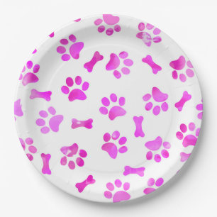 Watercolor Pink Paw Prints Paper Plates