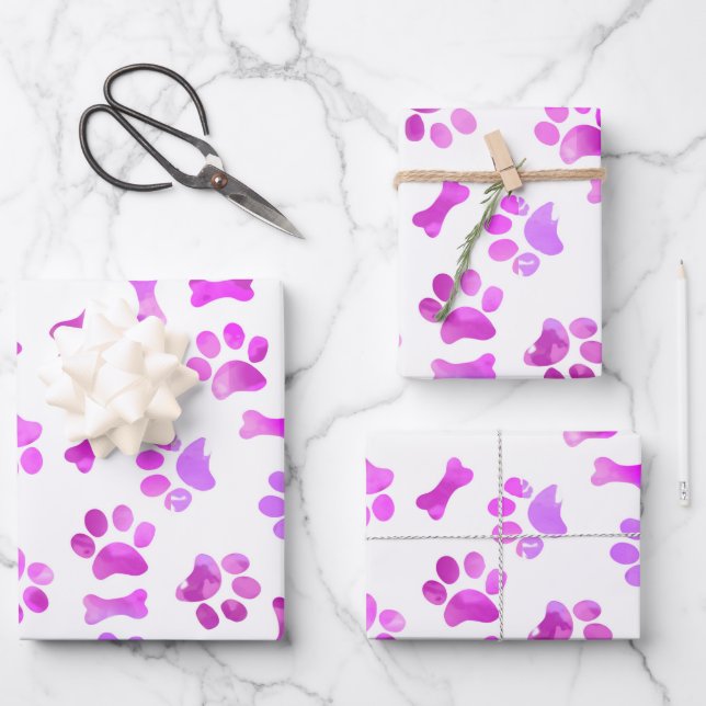 Watercolor Pink Paw Prints Wrapping Paper Sheets (Front)
