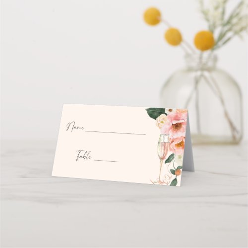 Watercolor Pink Peach Floral Champagne Place Card