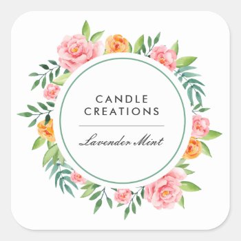 Watercolor Pink Peach Floral Product Business Square Sticker by Orabella at Zazzle