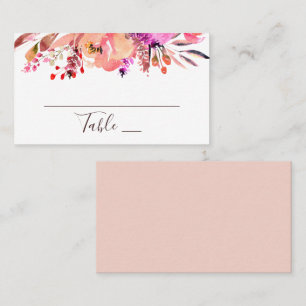 Watercolor pink peach floral wedding. Fall foliage Place Card