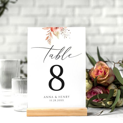 Watercolor Pink Peach Floral Wedding  Table Number