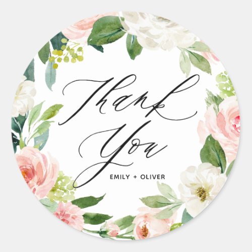 Watercolor Pink Peach Floral Wreath Thank You Classic Round Sticker