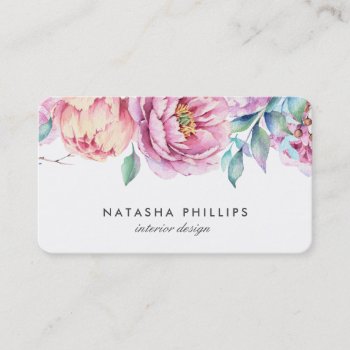 Watercolor Pink Peach Peonies Floral Business Card by Orabella at Zazzle