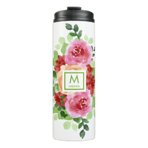 Watercolor Pink Peach Red Flowers Monogram Thermal Tumbler