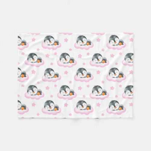 Watercolor Pink Penguin Clouds Baby Girl Crib Fleece Blanket