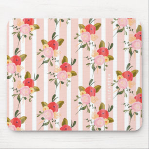 Watercolor Pink Peonies adn Greenery Pinstripes Mouse Pad