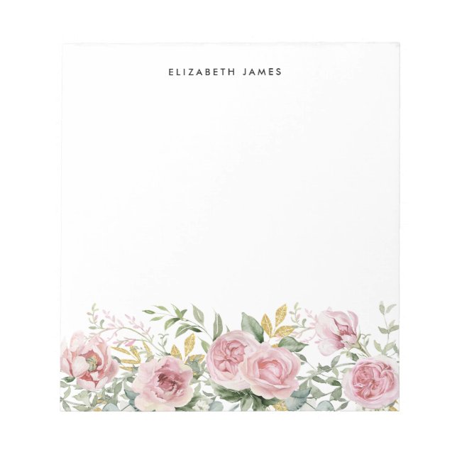 Watercolor Pink Peonies and Eucalyptus Gold Wreath Notepad (Front)