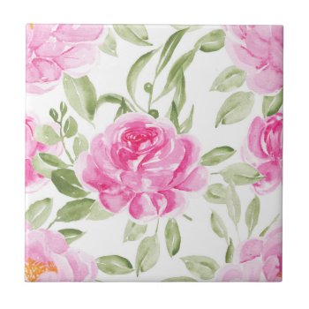 Watercolor Pink Peonies And Greenery Pattern Ceramic Tile by KeikoPrints at Zazzle