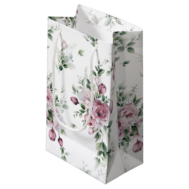 Watercolor Pink Peonies and Greenery Small Gift Bag (Front Angled)