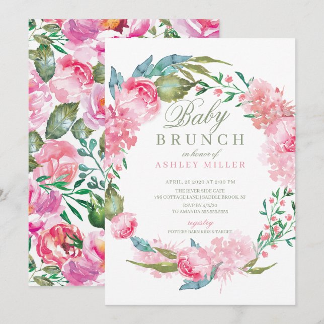 Watercolor Pink Peonies Baby Brunch Invitation (Front/Back)