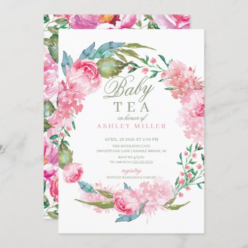 Watercolor Pink Peonies Baby Shower Tea Invitation